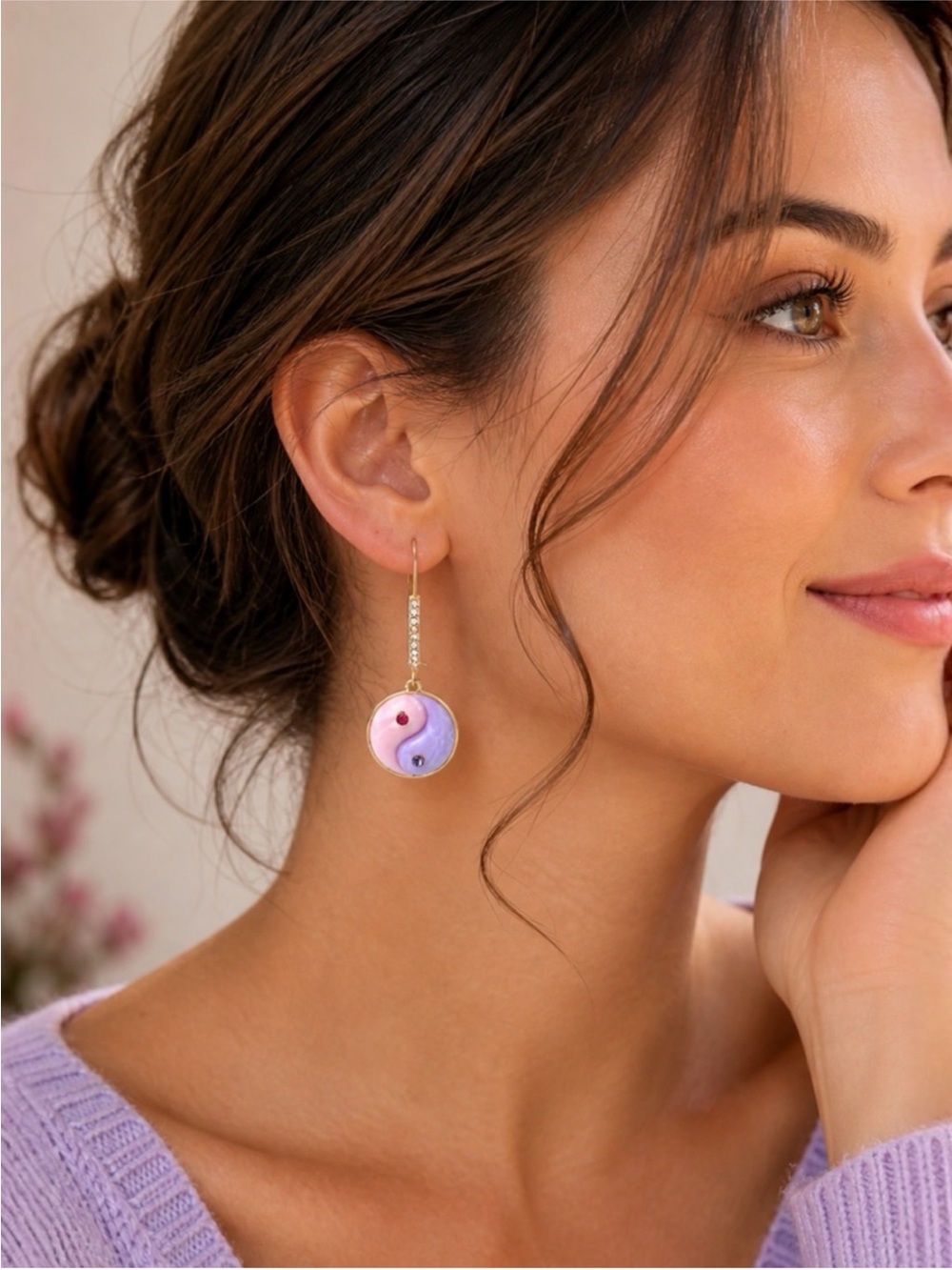 Betsey Johnson Enchanted Yin Yang Drop Earrings Pink Purple NWT - Picture 2 of 14